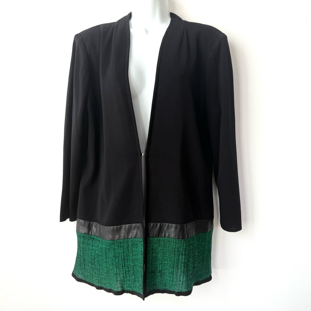 Misook Black and Green Cardigan with Faux Leather Trim